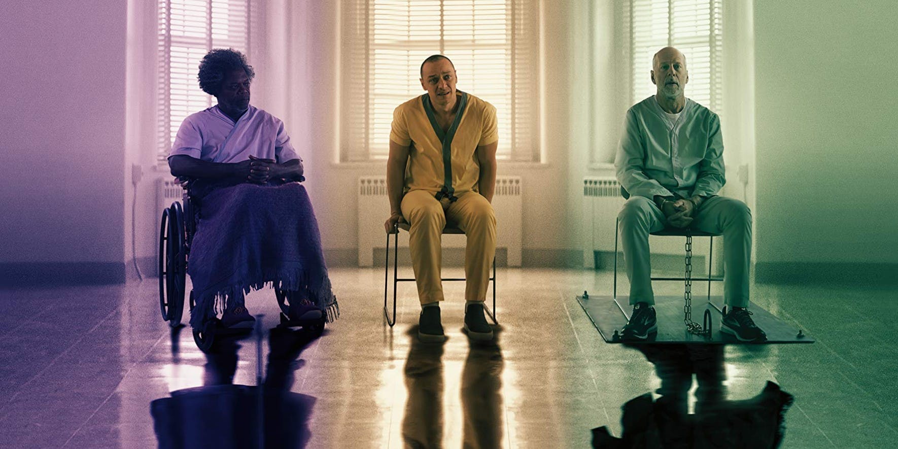 Samuel L. Jackson, James McAvoy, and Bruce Willis in Glass
