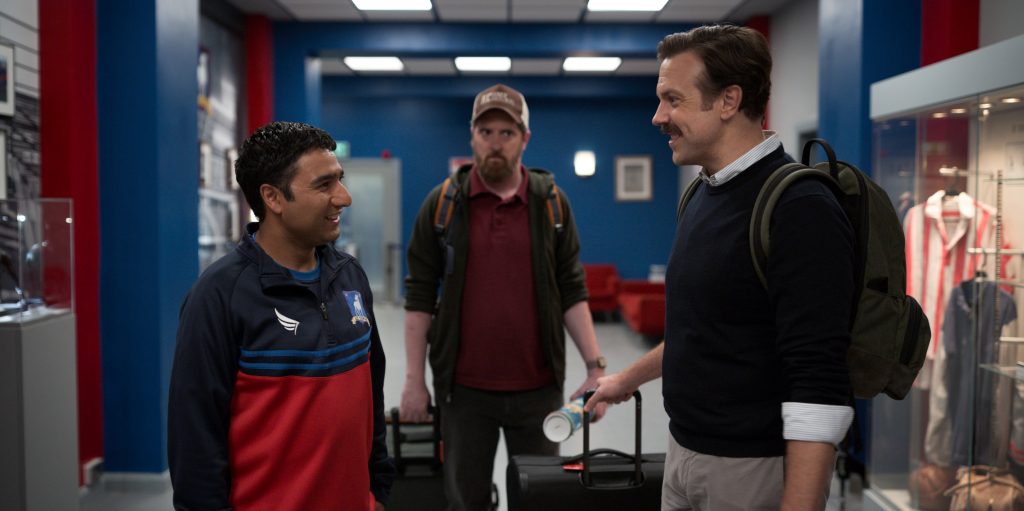 Nick Mohammed, Brendan Hunt, and Jason Sudeikis in “Ted Lasso,” 