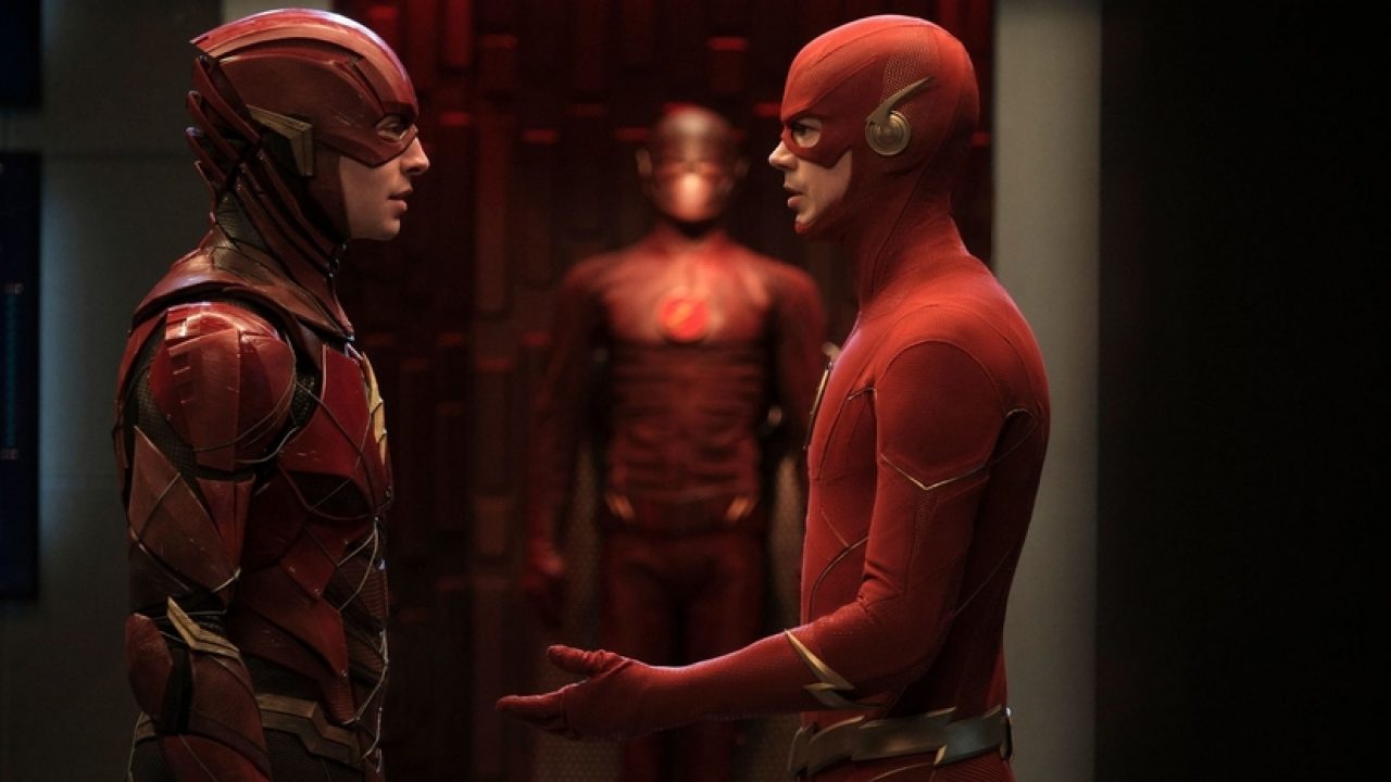 Ezra Miller and Grant Gustin in The Flash film