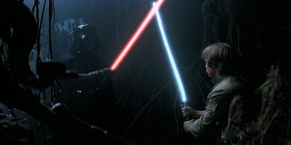 Luke Fighting Vader In The Dark Side Cave Cropped