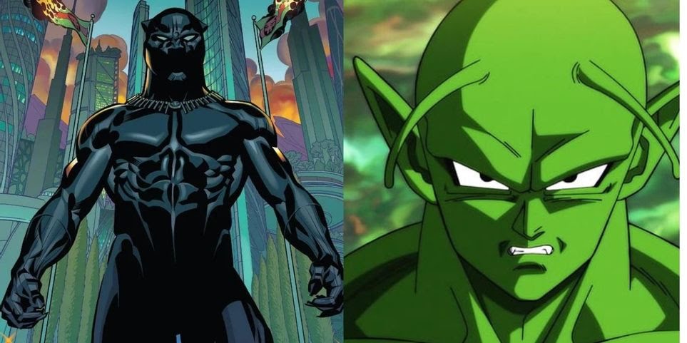 Split images of Black Panther standing with his hands stretched out and Piccolo in Dragon Ball Z