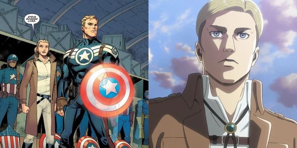 Split images of Captain America holding his shielf and Erwin Smith in Attack On Titan