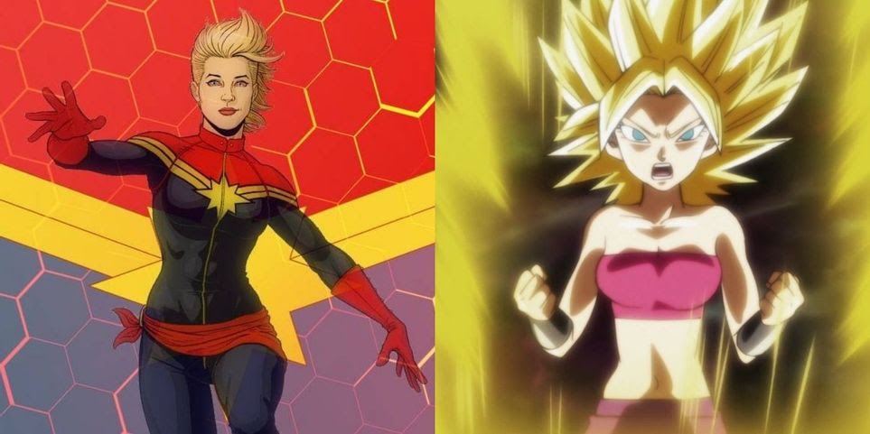 Split images of Captain Marvel in comics and Kale entering Super Saiyan mode with clenched fists in Dragonball Z