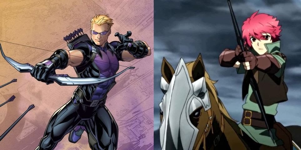 Split images of Hawkeye firing arrows and Tigre wielding a boy while riding a horse in Lord Marksman and Vanadis
