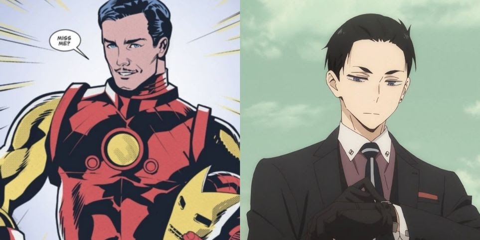 Split images of Iron Man holding a helmet and Kambe Daisuke in Millionaire Detective