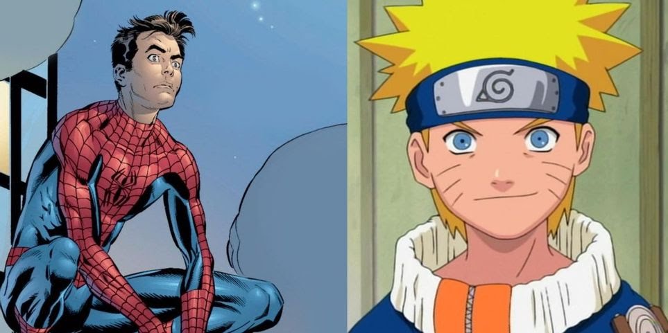 Split images of Spider Man crouching in and Naruto smiling