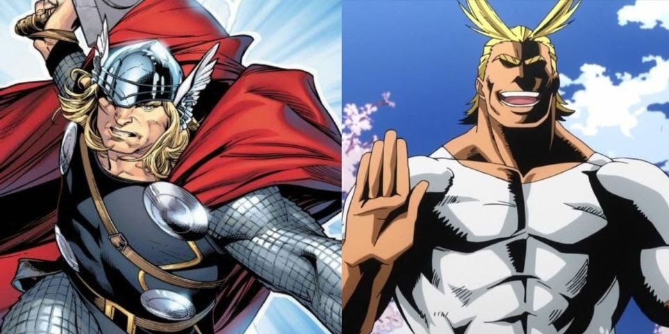 Split images of Thor wielding a hammer and All Might raising his hand in My Hero Academia