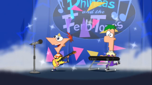 Phineas and Ferb singing in a