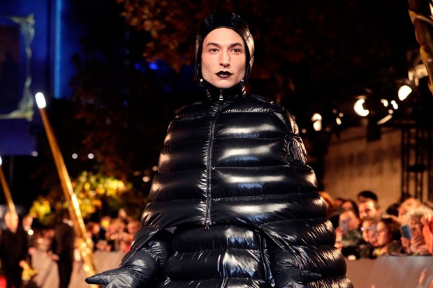 The goth, all-black look with a puffer jacket gown, by Ezra Miller.