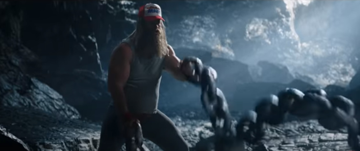 Thor wearing 'Strongest avengers' cap in Thor: love and Thunder.