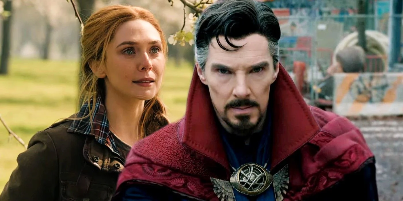 Elizabeth Olsen as Wanda Maximoff Scarlet Witch and Benedict Cumberbatch as Stephen Strange in Doctor Strange Multiverse Madness