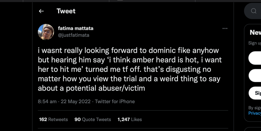 Fan tweets about Dominic Fike's comment on Amber Heard