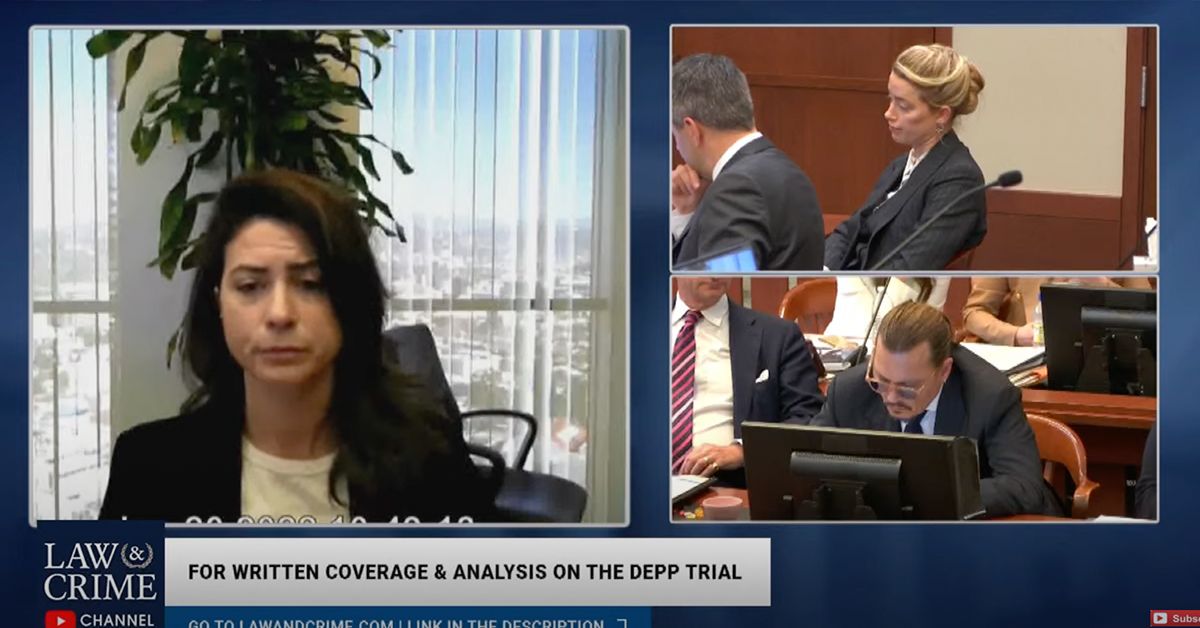 Raquel testifying during Amber and Johnny's defamation trial