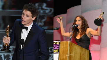 Eddie Redmayne accepting his Oscar and Halle Berry accepting her Razzie