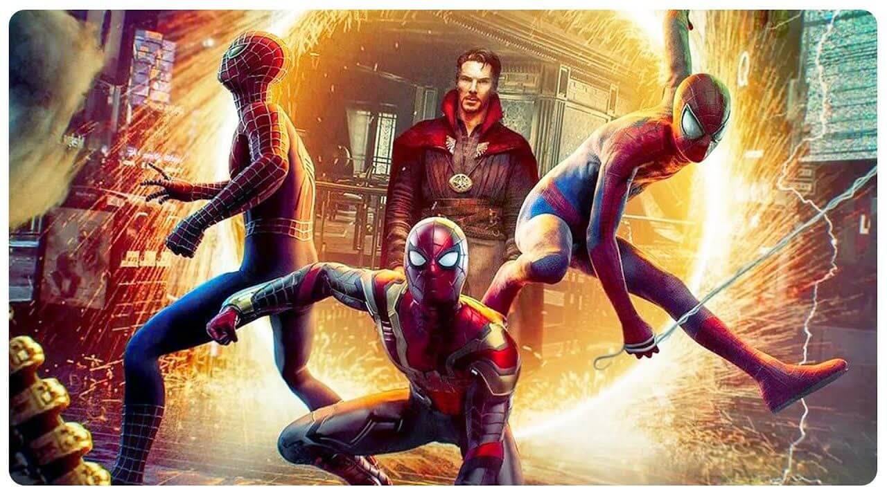 The three Spider-Men and Doctor Strange in Spider-Man: No Way Home.