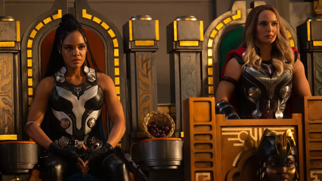 Tessa Thompson (left) and Natalie Portman (right) as Valkyrie and Jane in Thor: Love and Thunder.