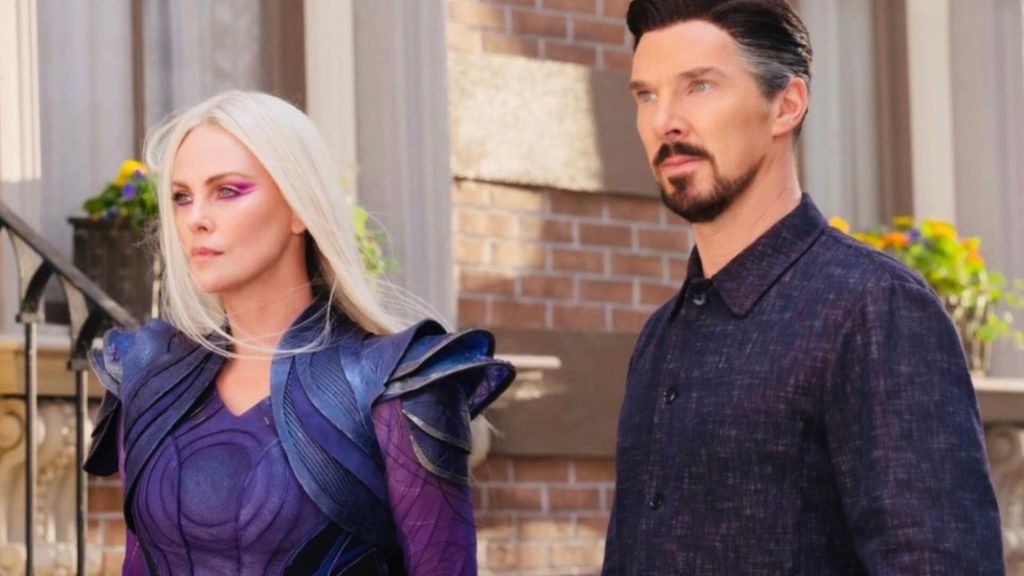 Charlize Theron as Clea and Benedict Cumberbatch as Doctor Strange