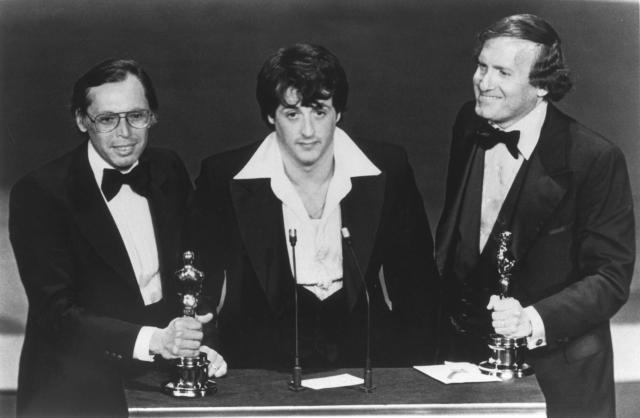 Sylvester Stallone with Irwin Winkler and Robert Chartoff at the 1977 Oscars
