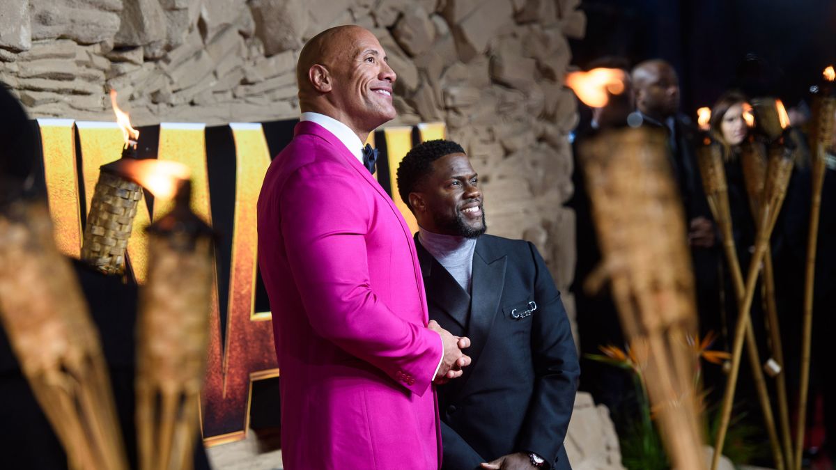 The Rock and comedian, Kevin Hart arrive at their Jumanji premiere