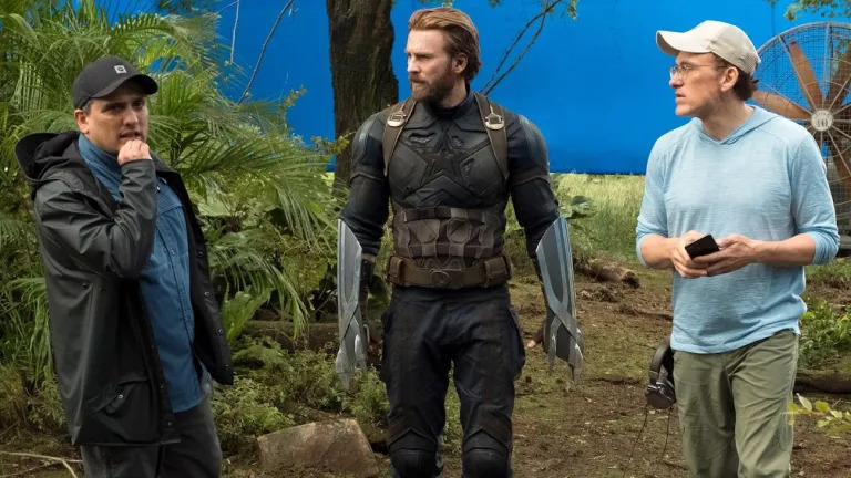 The Russo Brothers on the set of Avengers Infinity War with Chris Evans