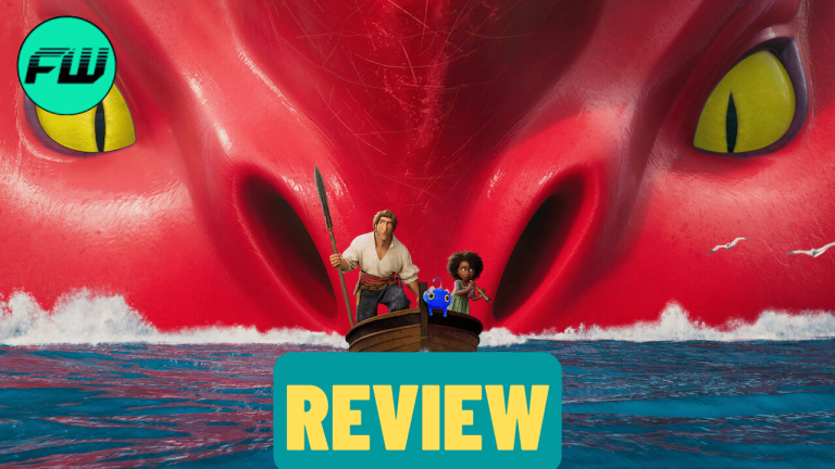 Jacob, Maisie, and Blue in a boat in front of Red in The Sea Beast