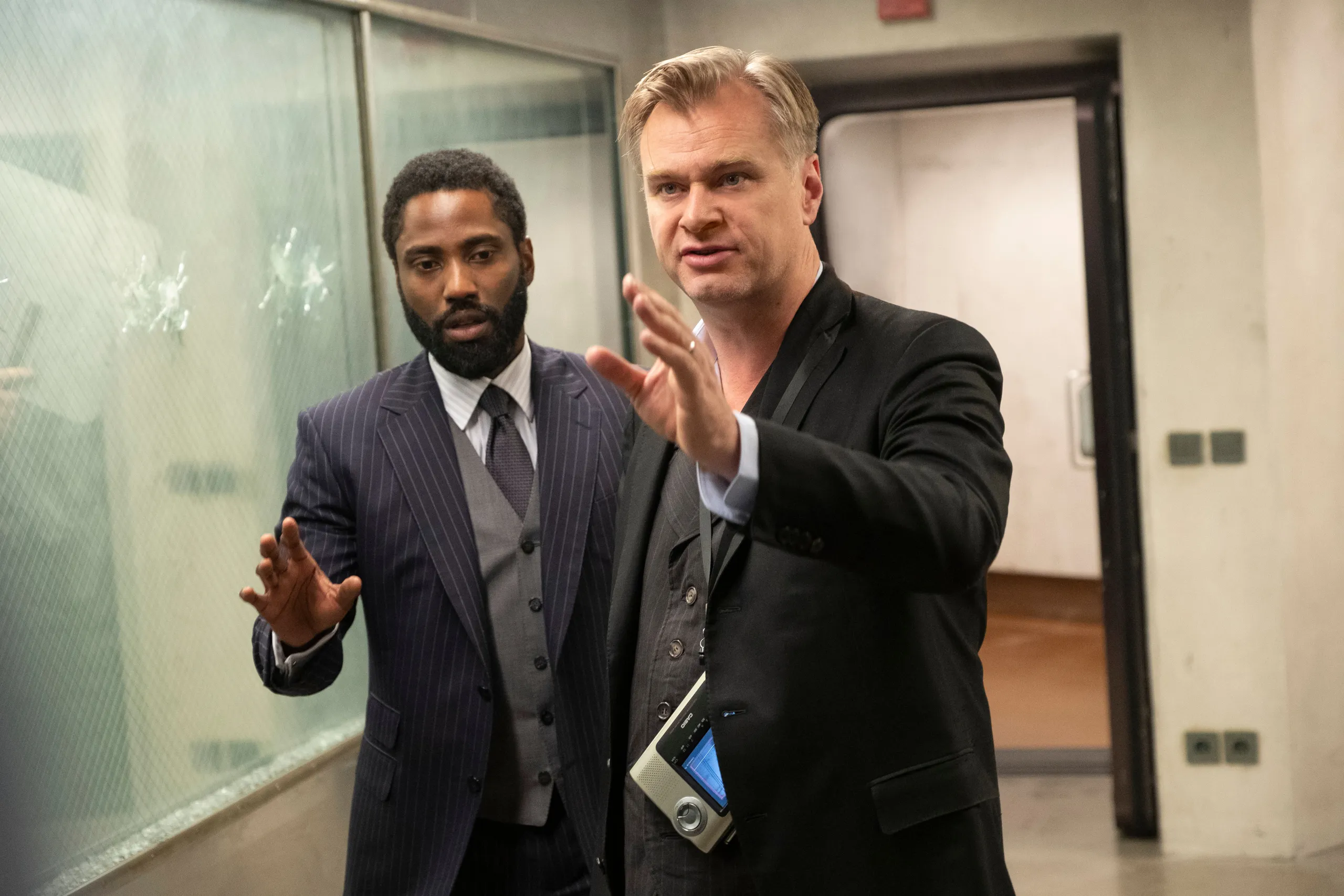 Christopher Nolan along with John David Washington on the sets of Tenet (2020).