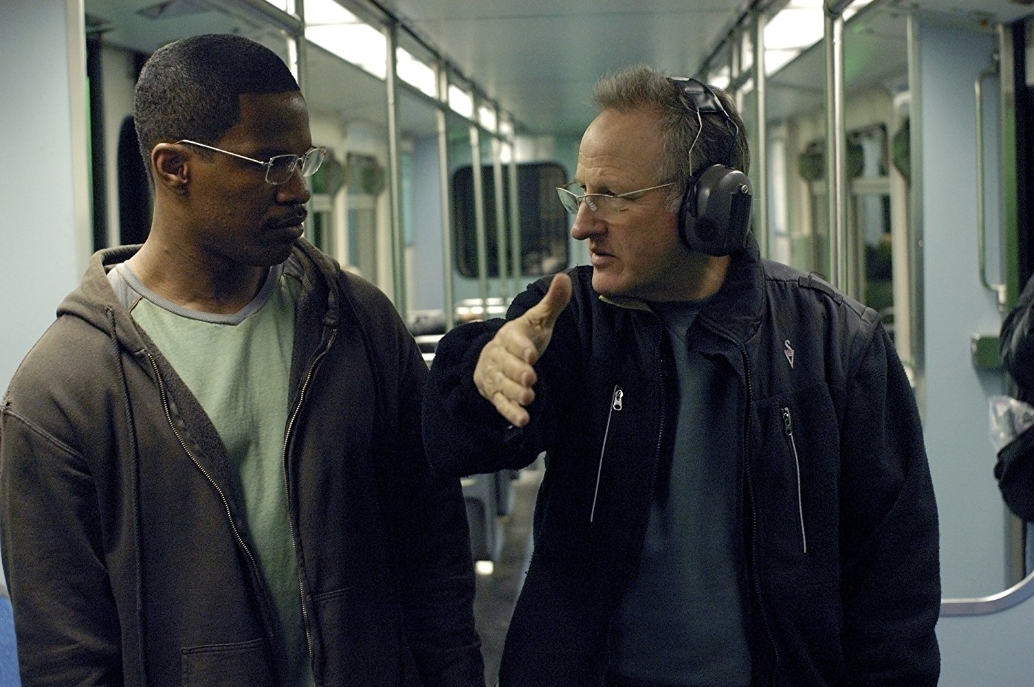 Michael Mann with Jamie Foxx during the filming of Collateral