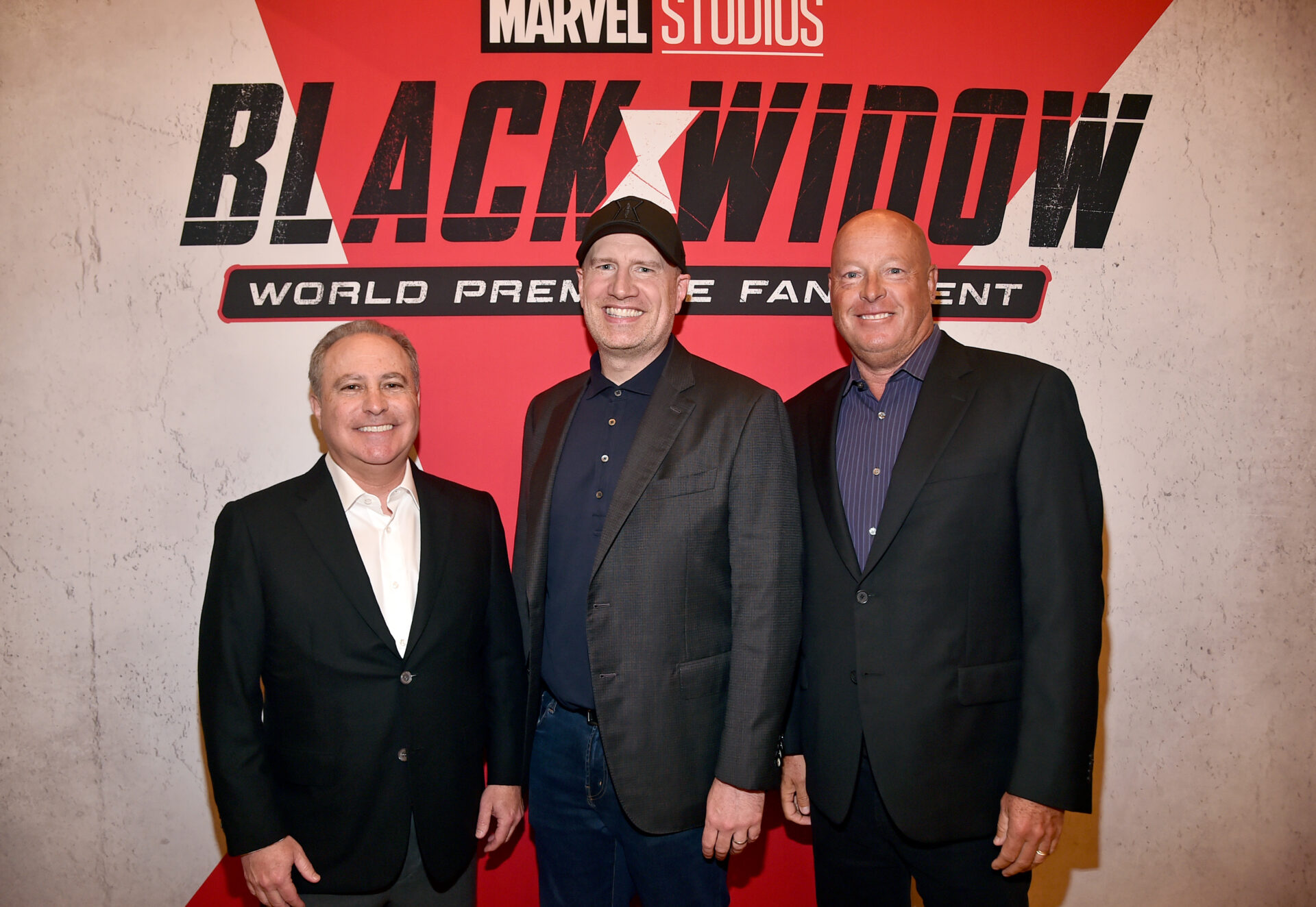 Alan Bergman (left), Kevin Feige (middle), and Bob Chapek (right) at the premiere of Black Widow (2021).
