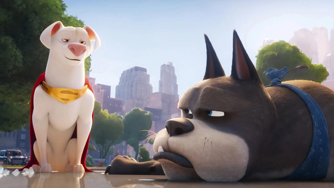 DC League of Super-Pets featuring voice-actors, The Rock (L) and Kevin Hart (R)