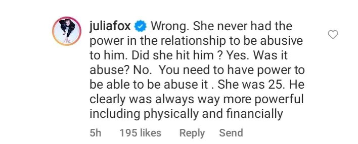 Julia Fox's Instagram comment insupport of Amber Heard