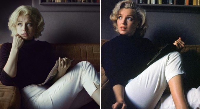 Ana de Armas (left) recreating the iconic photo of Marilyn Monroe (right).