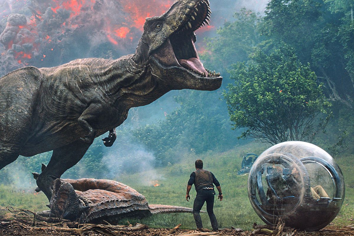 A scene from the Jurassic World franchise with Chris Pratt and an imaginary dinosaur.