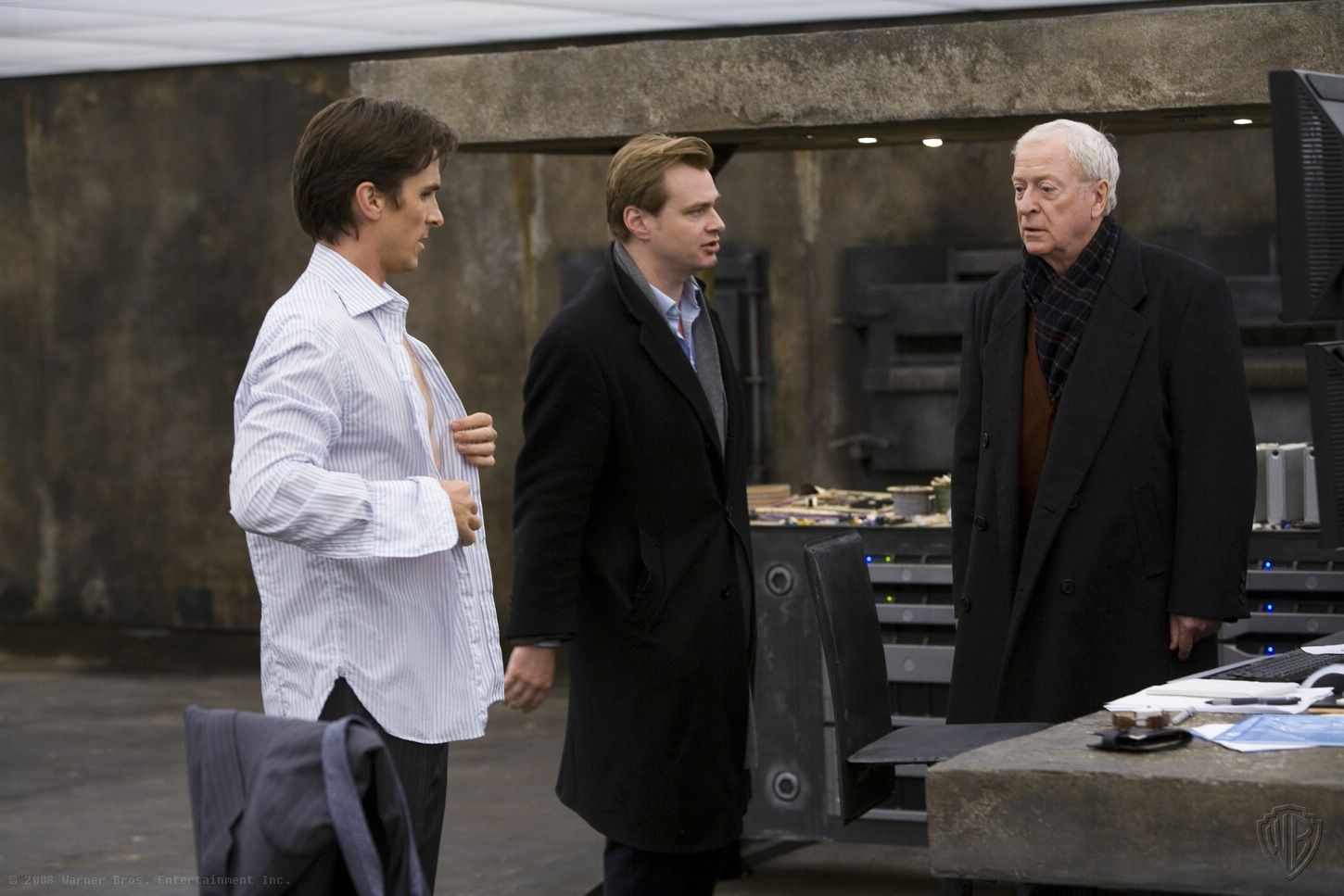 Christopher Nolan with Christian Bale and Michael Caine on The Dark Knight set