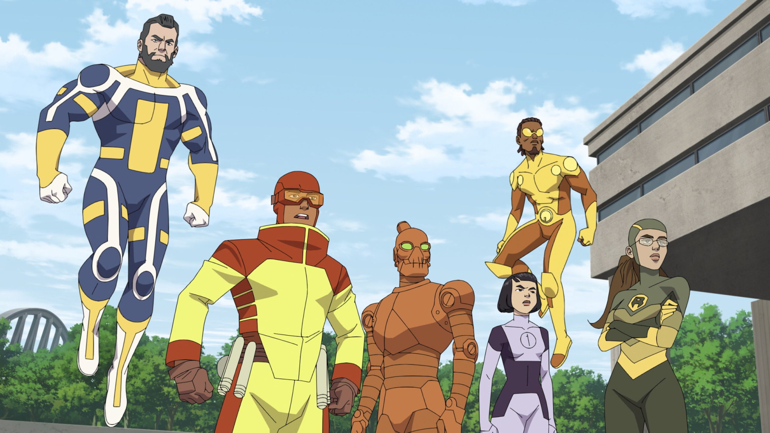 L to R: Ross Marquand as The Immortal, Jason Mantzoukas as Rex Sloan/Rex Splode, Zachary Quinto/Ross Marquand as Rudolph "Rudy" Connors/Robot, Malese Jow as Kate Cha/Dupli-Kate, Jay Pharoah as Bulletproof, and Grey Griffin as Shrinking Rae in Invincible S2 Part One (Copyright: Amazon Studios)