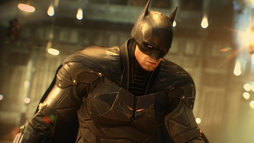 A Screenshot from Batman: Arkham Knight equipped with the 2022 Robert Pattinson Movie (The Batman) suit.