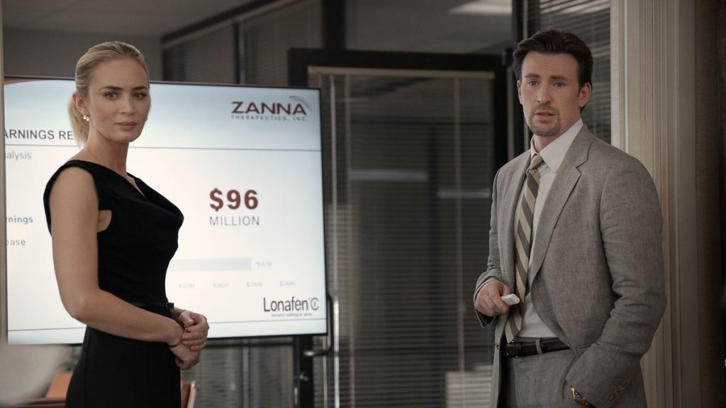 Chris Evans and Emily Blunt in a still from Pain Hustlers 