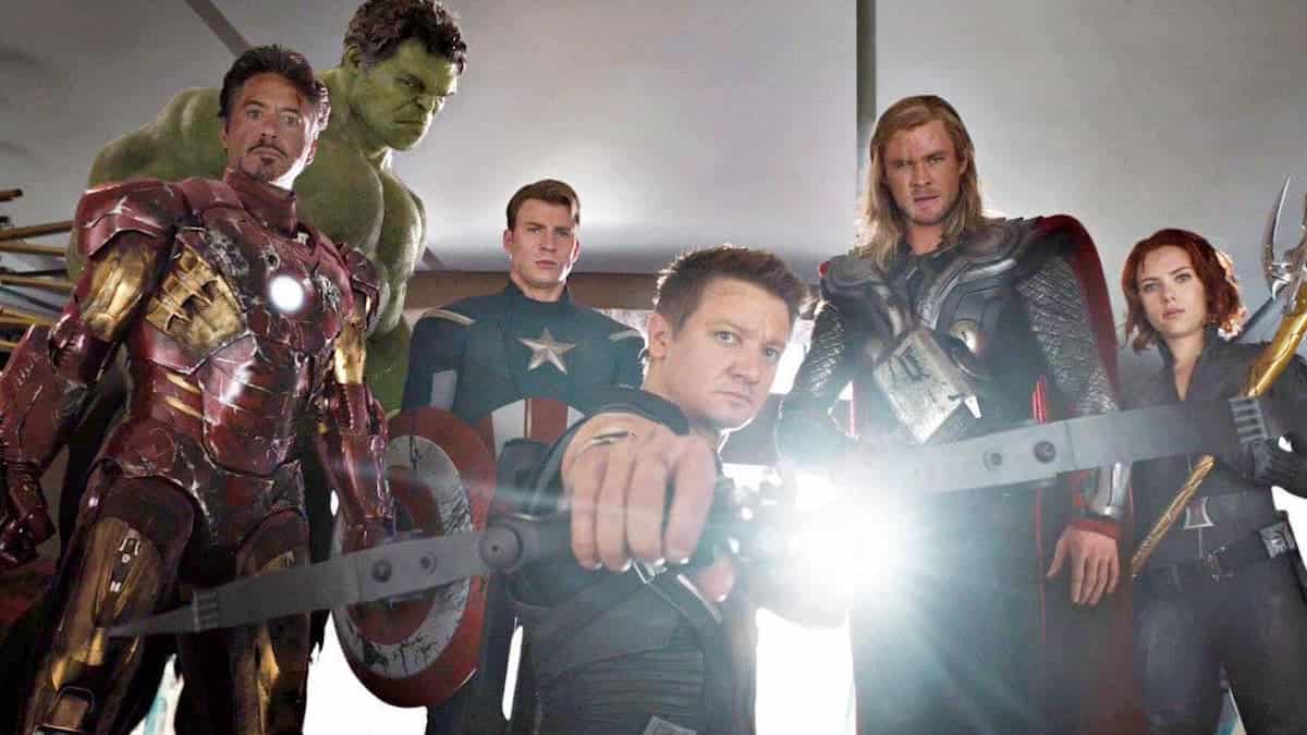 Jeremy Renner with his Marvel co-stars in The Avengers