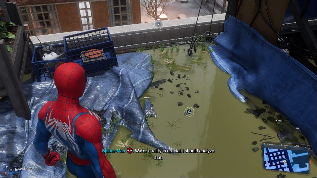 Take a sample from the puddle to your left for Hell's Kitchen's EMF Experiments in Marvel's Spider-Man 2.