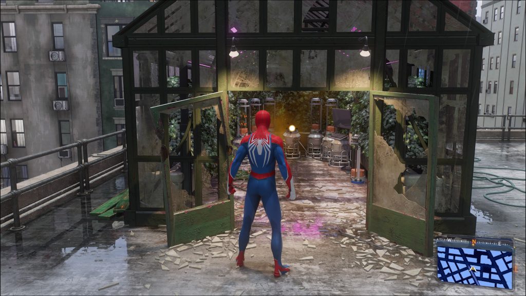 Enter the greenhouse as a next step for the Financial District's EMF Experiments in Marvel's Spider-Man 2.