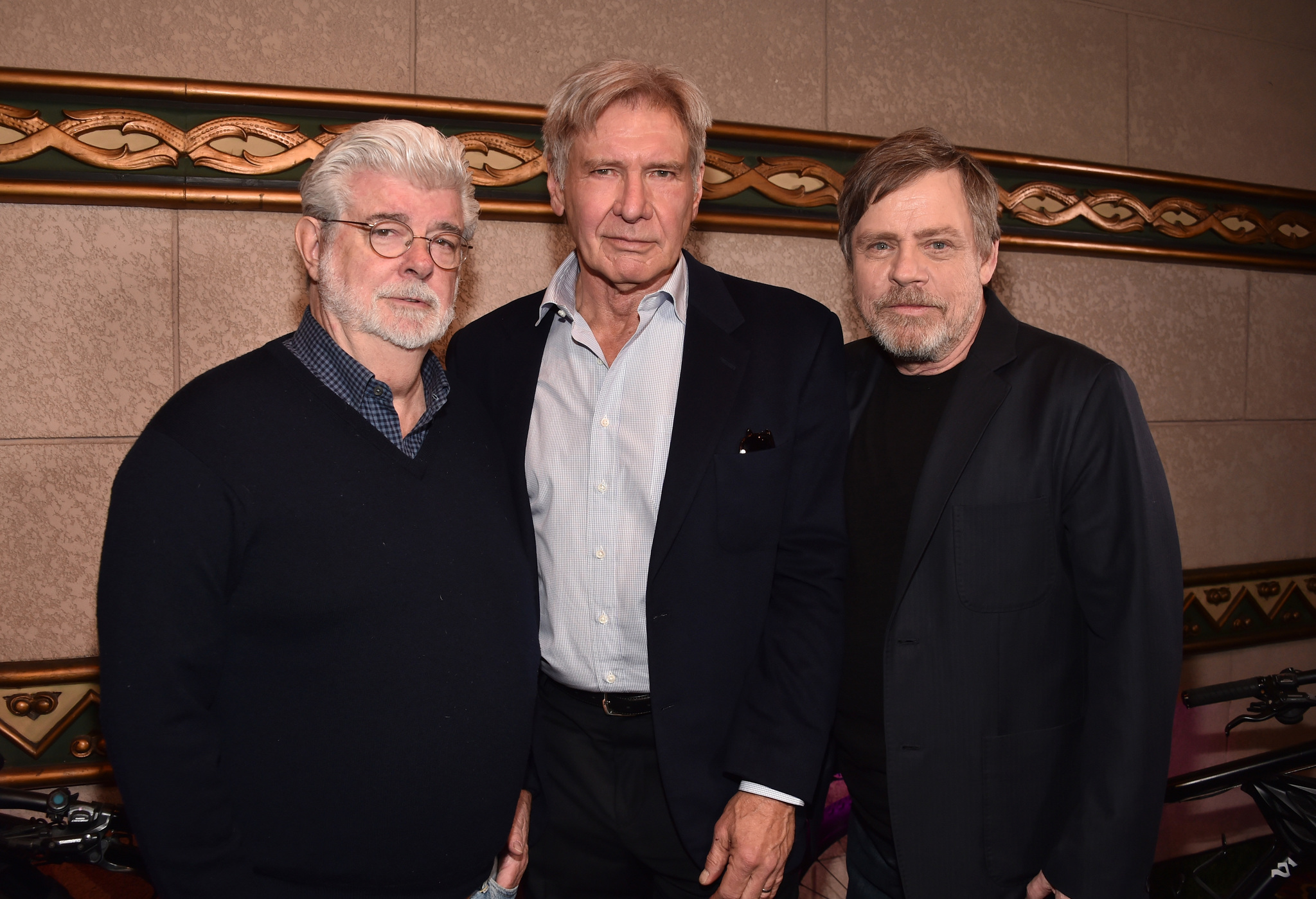 Harrison Ford with George Lucas, and Mark Hamill