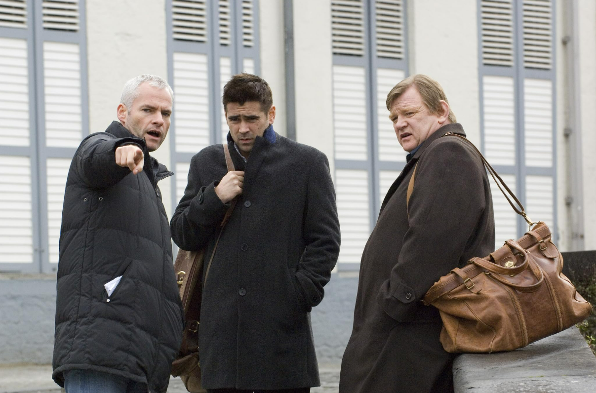 Martin McDonagh, Colin Farrell and Brendan Gleeson on the set of In Bruges; Credit IMDb