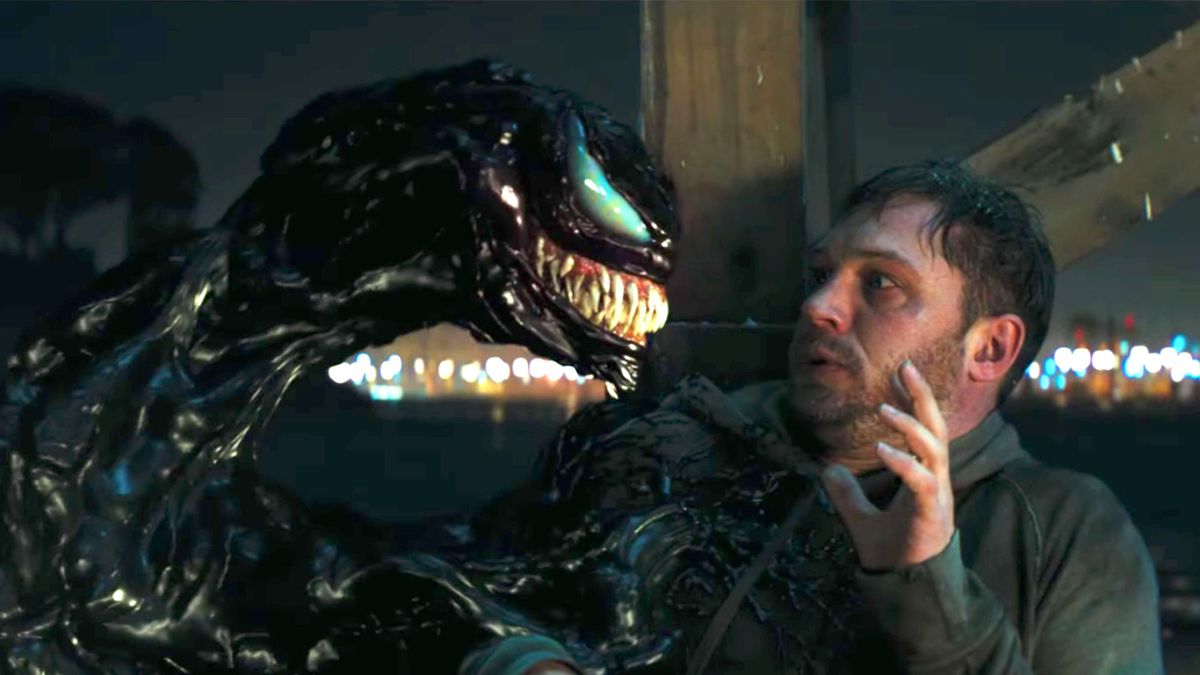 Tom Hardy looks scared in front of Venom