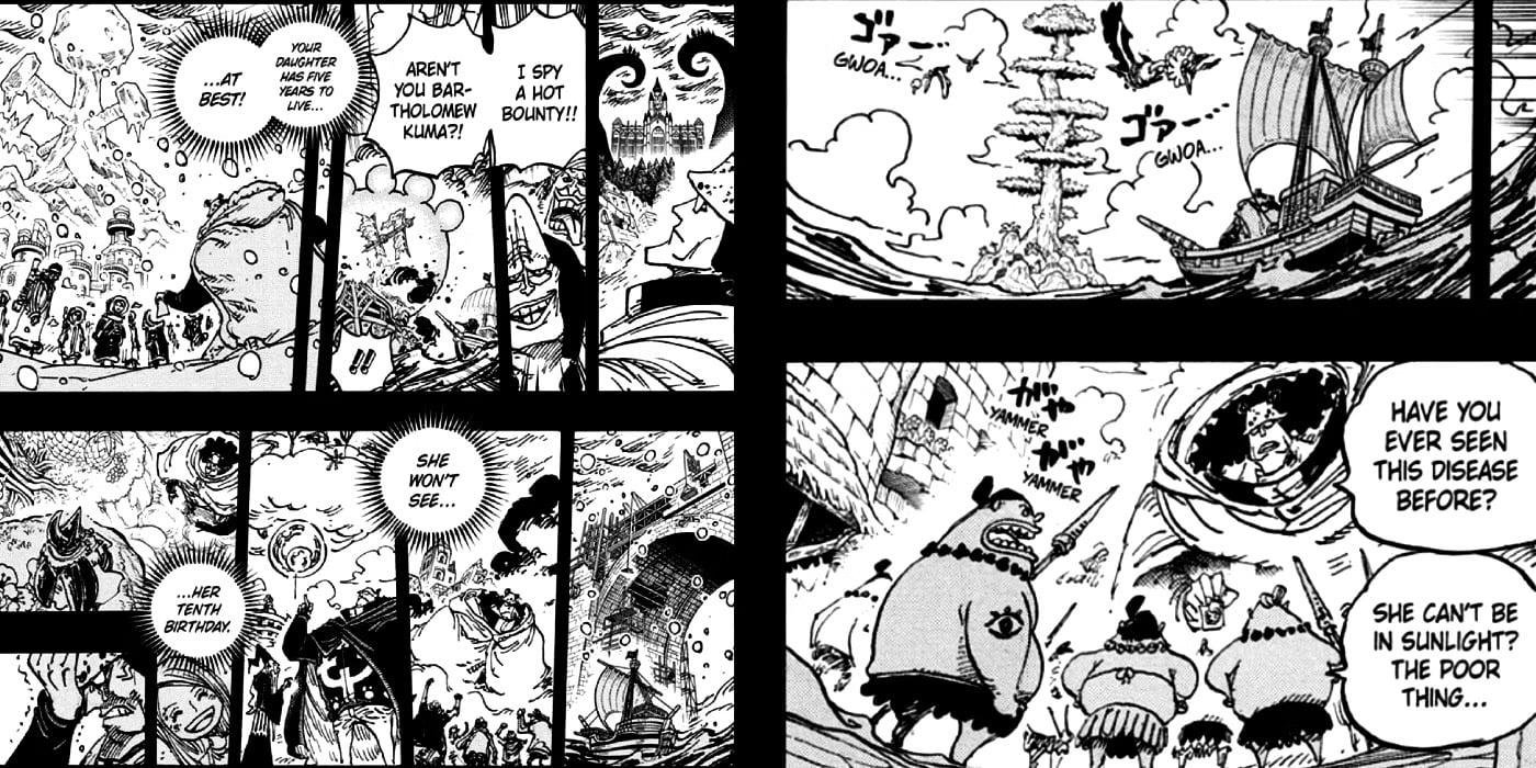 a panel from one piece chapter 1099 showing bartholomew kuma visiting several islands in order to find a cure for bonney and ginny