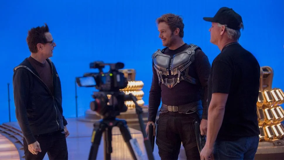 James Gunn and Chris Pratt on the sets of Guardians of the Galaxy Vol. 2