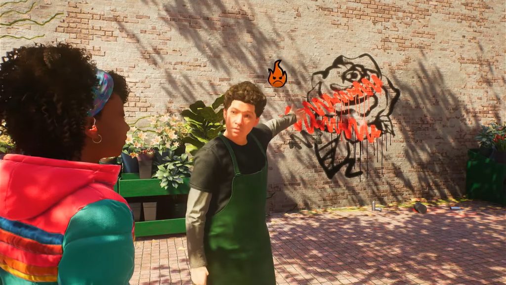 Hailey encounters a flower shop owner in the "Grafitti Trouble" side mission in Marvel's Spider-Man 2.