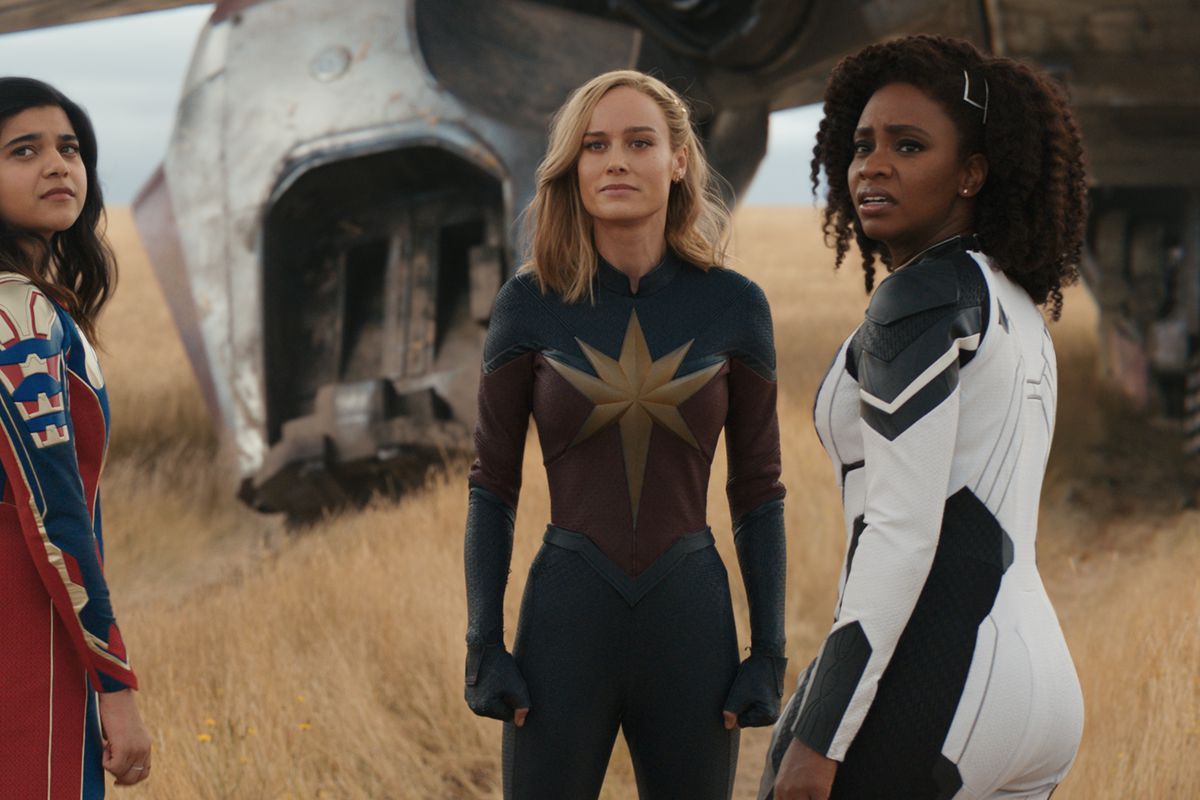 Brie Larson, Iman Vellani, and Teyonnah Parris in The Marvels