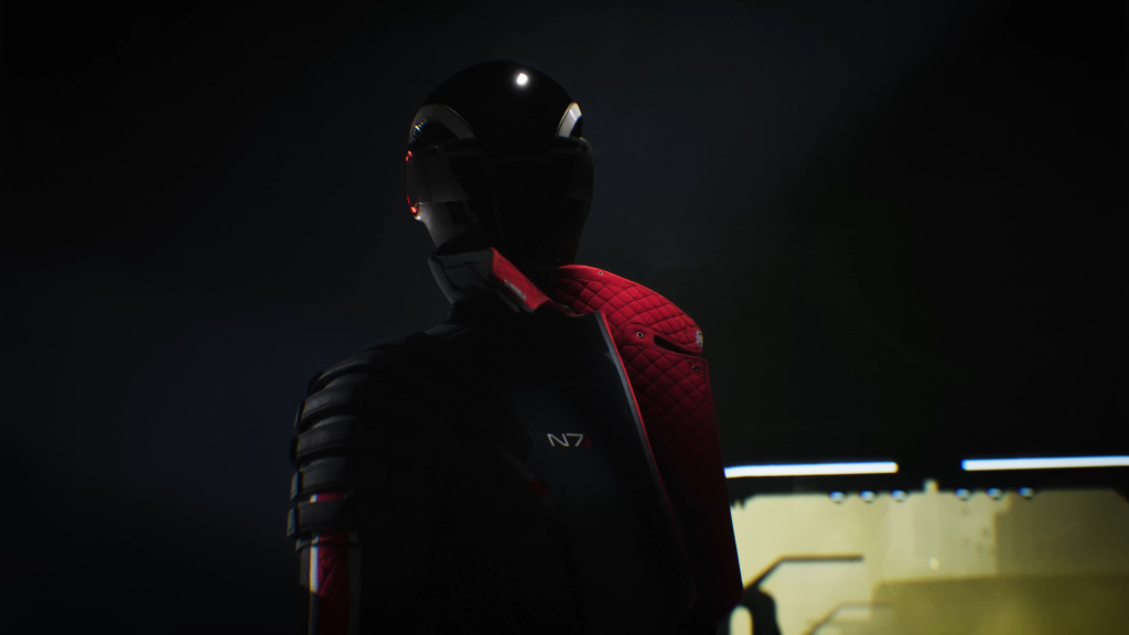 A snippet from the N7 day reveal teaser of Mass Effect 5 showing the protagonist wearing the N7 iconography.