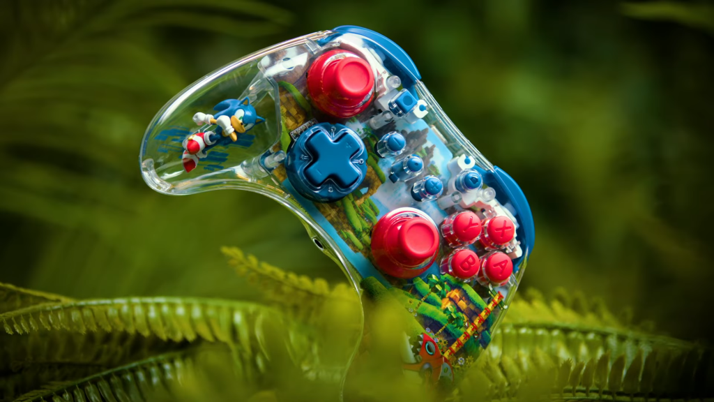 The Sonic Green Hill Zone REALMz controller features a floating Sonic figurine in its transparent grip. 