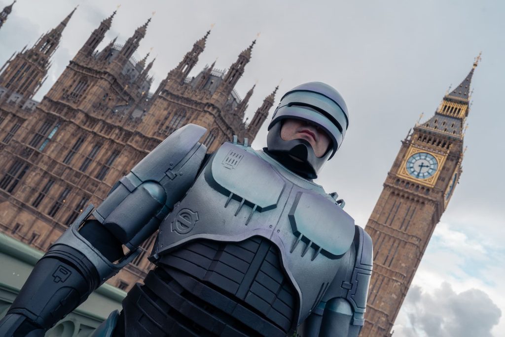 RoboCop is seen on the streets of London to celebrate the release of Rogue City.