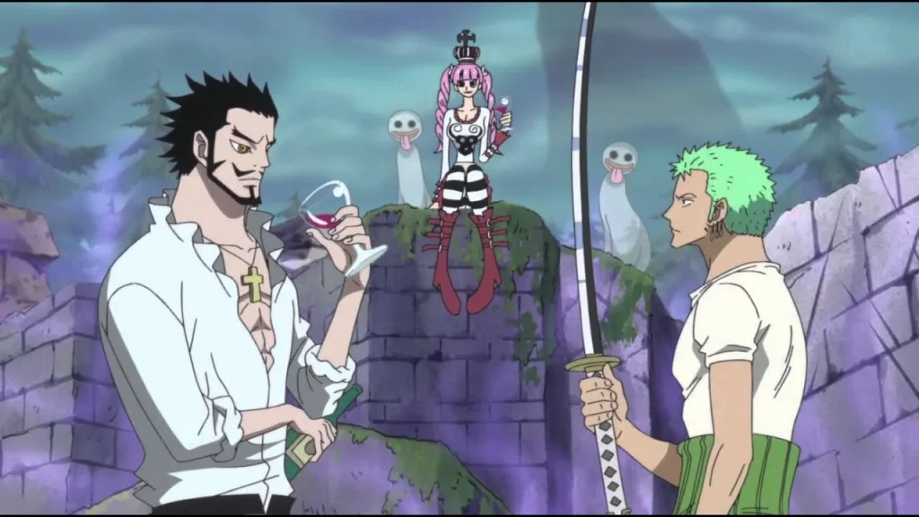 Roronoa Zoro learns from Mihawk to improve his swords prowess